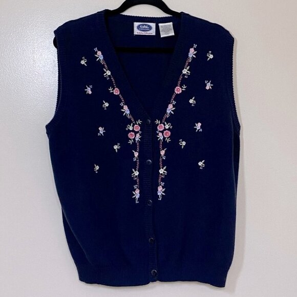 Vintage tabi navy blue embroidered knit grandma sweater vest M - Picture 7 of 7